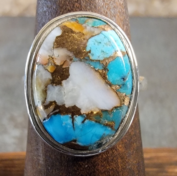 Vintage Jewelry - Native Mohave Mountain Oyster Copper Turquoise Gemstone Ring 6 Sterling Silver